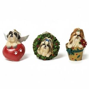 Danbury Mint Shih Tzu Ornament Trio - Red, Green, Gold ~ NWT